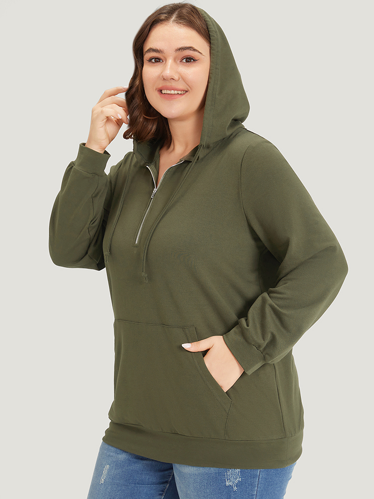 Plus Size Plain Pocket Drawstring Half Zip Hooded Sweatshirt Women ArmyGreen Casual Elastic cuffs Open Front Dailywear Sweatshirts BloomChic 14-16/1X 
