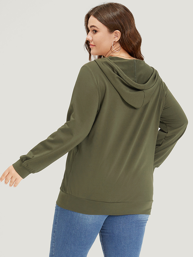 Plus Size Plain Pocket Drawstring Half Zip Hooded Sweatshirt Women ArmyGreen Casual Elastic cuffs Open Front Dailywear Sweatshirts BloomChic 14-16/1X 