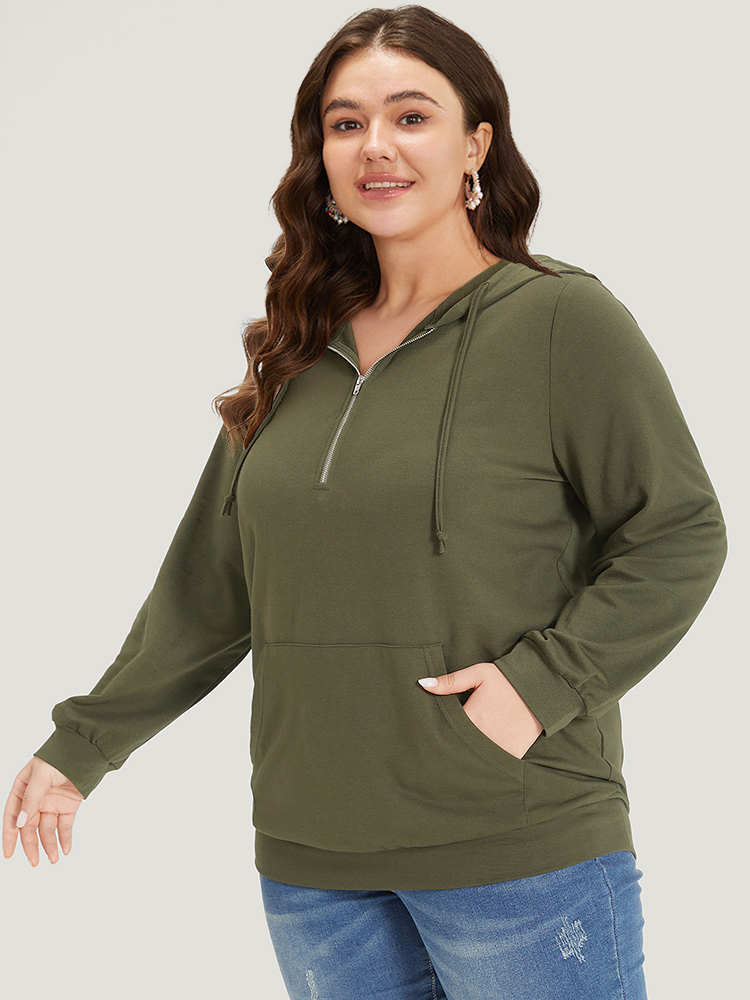 Plus Size Plain Pocket Drawstring Half Zip Hooded Sweatshirt Women ArmyGreen Casual Elastic cuffs Open Front Dailywear Sweatshirts BloomChic 14-16/1X 