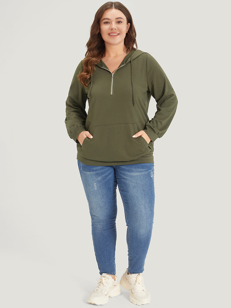 Plus Size Plain Pocket Drawstring Half Zip Hooded Sweatshirt Women ArmyGreen Casual Elastic cuffs Open Front Dailywear Sweatshirts BloomChic 14-16/1X 