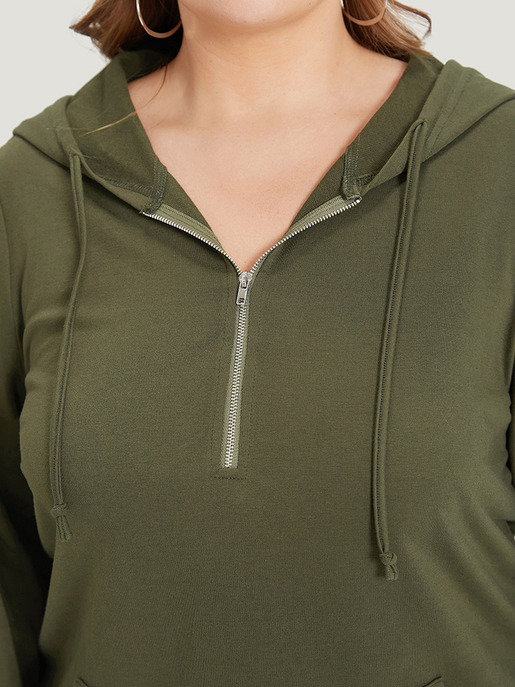Plus Size Plain Pocket Drawstring Half Zip Hooded Sweatshirt Women ArmyGreen Casual Elastic cuffs Open Front Dailywear Sweatshirts BloomChic 14-16/1X 