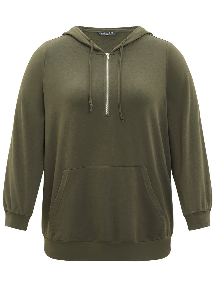 Plus Size Plain Pocket Drawstring Half Zip Hooded Sweatshirt Women ArmyGreen Casual Elastic cuffs Open Front Dailywear Sweatshirts BloomChic 14-16/1X 