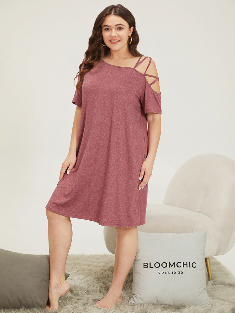 

Plus Size Plain One-shoulder Crisscross Pocket Sleep Dress Russet Short sleeve One Shoulder Elegant Dailywear  Bloomchic