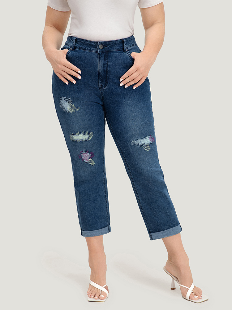 

Plus Size Ripped Embroidered Roll Hem Very Stretchy Jeans Women Stone Casual Plain Distressed High stretch Pocket Jeans BloomChic