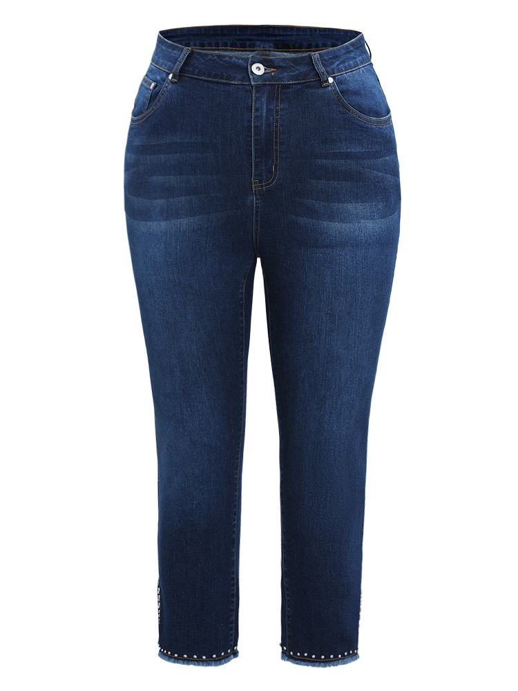 Plus Size Women Everyday Beaded High stretch Straight Leg Dark Wash Casual Jeans BloomChic 
