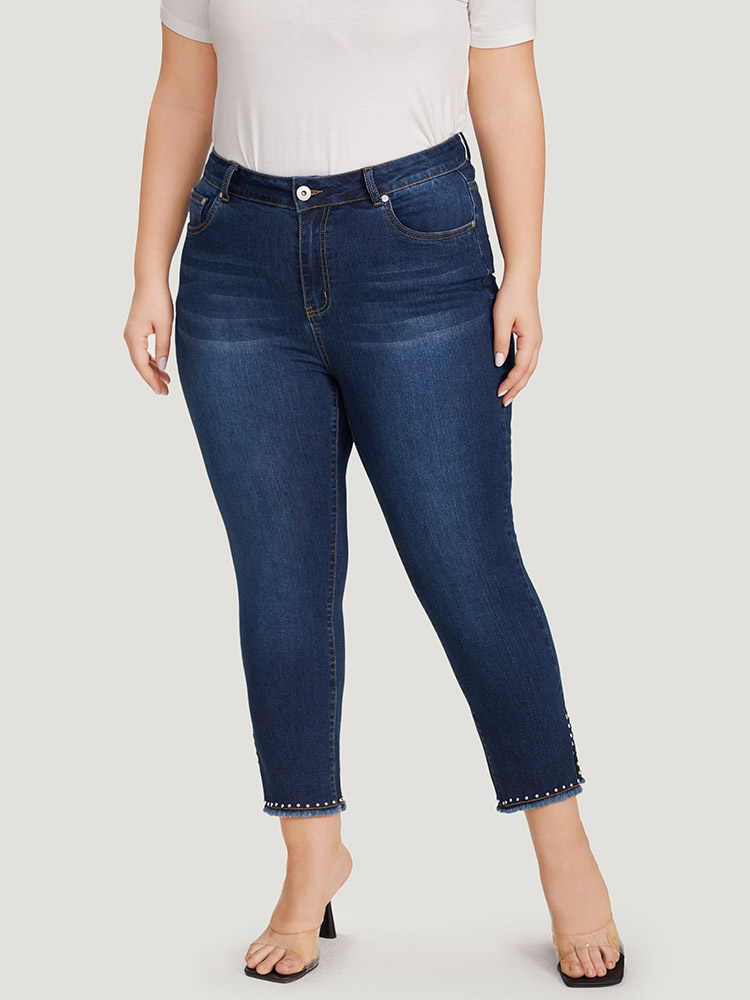 Plus Size Women Everyday Beaded High stretch Straight Leg Dark Wash Casual Jeans BloomChic 