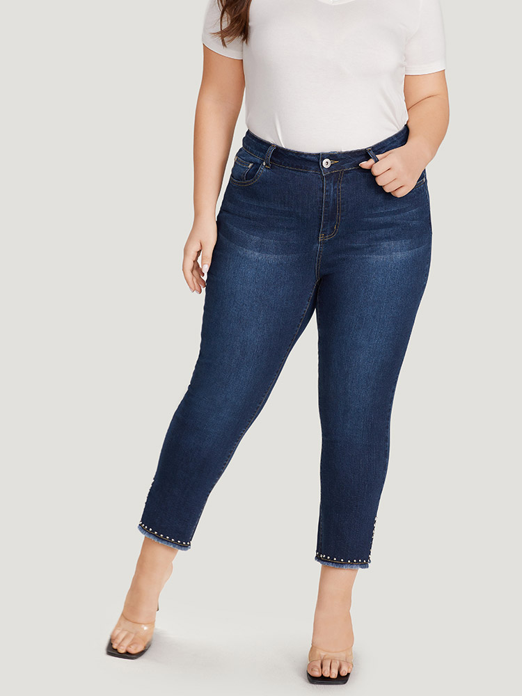 Plus Size Women Everyday Beaded High stretch Straight Leg Dark Wash Casual Jeans BloomChic 