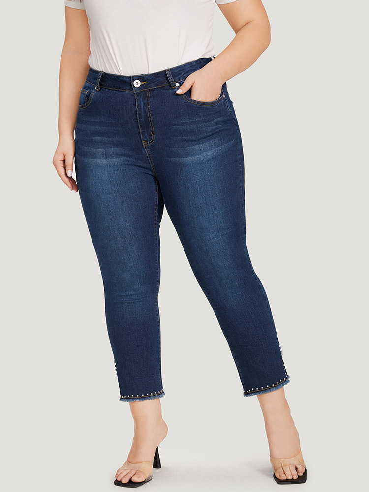 Plus Size Women Everyday Beaded High stretch Straight Leg Dark Wash Casual Jeans BloomChic 