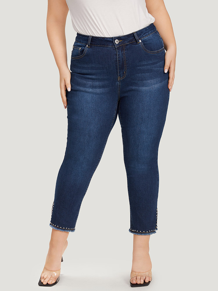 Plus Size Women Everyday Beaded High stretch Straight Leg Dark Wash Casual Jeans BloomChic 