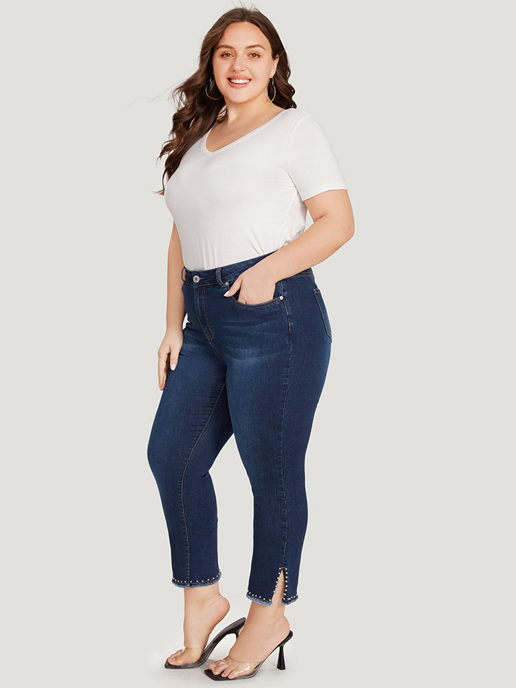 Plus Size Women Everyday Beaded High stretch Straight Leg Dark Wash Casual Jeans BloomChic 