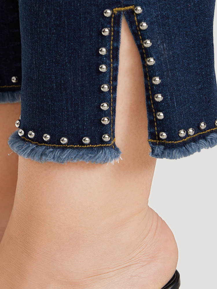 Plus Size Women Everyday Beaded High stretch Straight Leg Dark Wash Casual Jeans BloomChic 