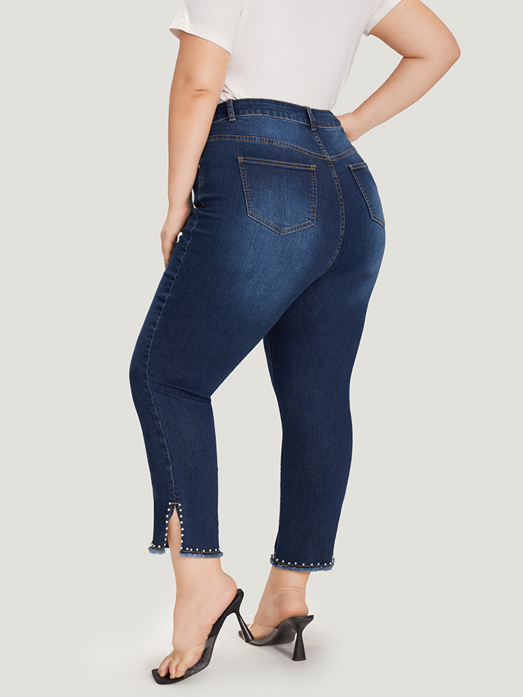 Plus Size Women Everyday Beaded High stretch Straight Leg Dark Wash Casual Jeans BloomChic 