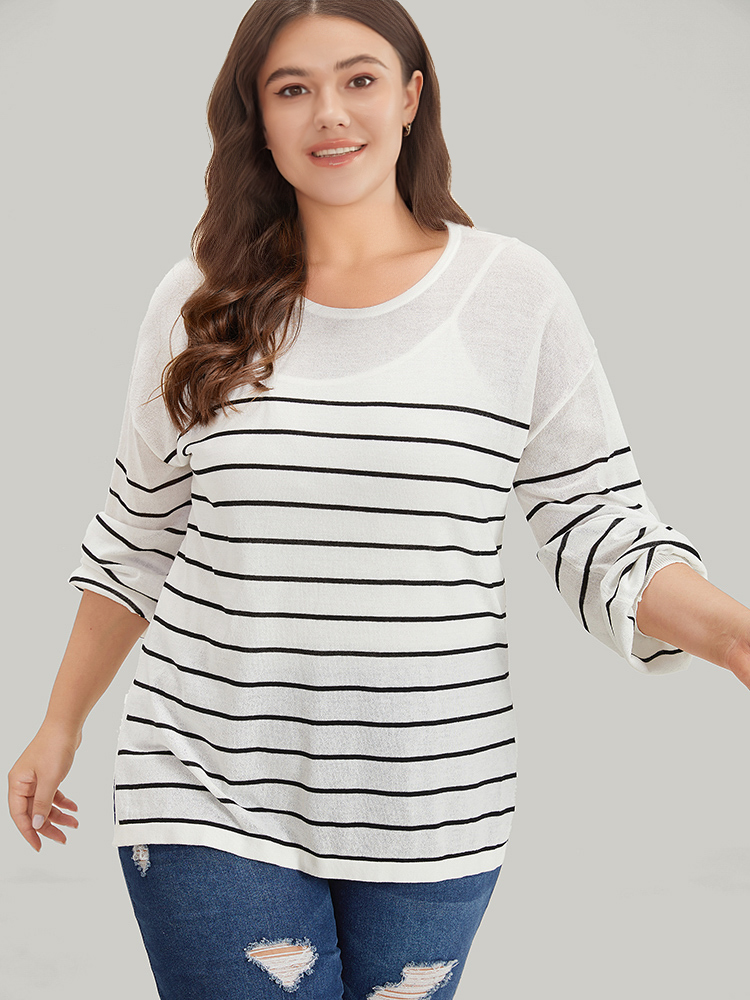 

Plus Size Striped Split Side Lightweight Elastic Cuffs Pullover White Women Casual Loose Long Sleeve Round Neck Everyday Pullovers BloomChic