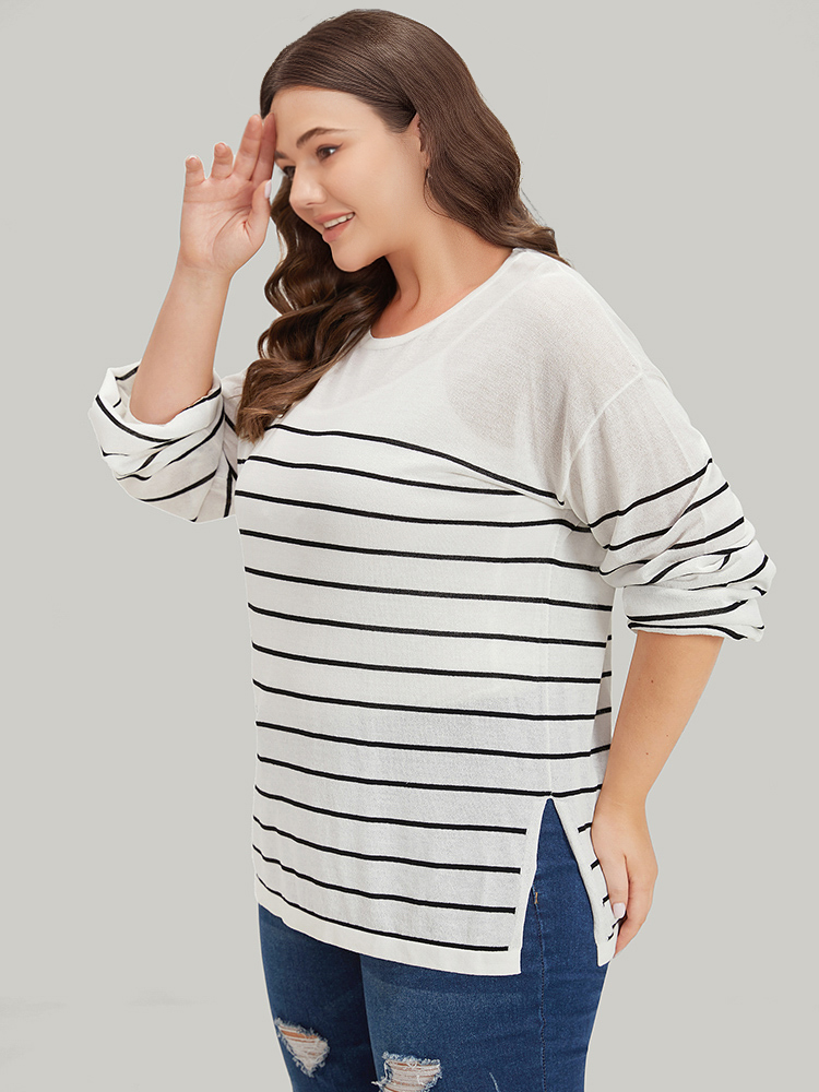 

Plus Size Striped Split Side Lightweight Elastic Cuffs Pullover White Women Casual Loose Long Sleeve Round Neck Everyday Pullovers BloomChic