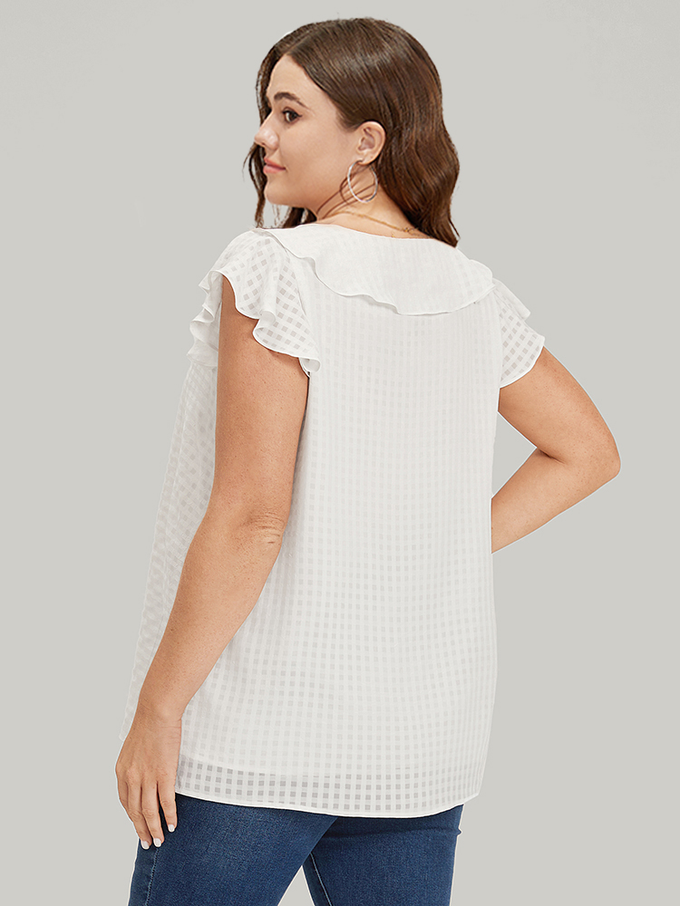 

Plus Size Ivory Gingham Flutter Cap Sleeve Tiered Blouse Women Elegant Cap Sleeve Square Neck Dailywear Blouses BloomChic