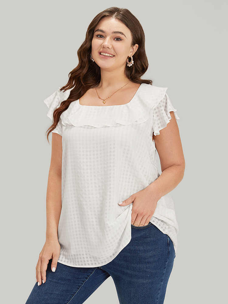 Plus Size Women Dailywear Gingham Texture Ruffle Sleeve Cap Sleeve Square Neck Elegant Blouses BloomChic 