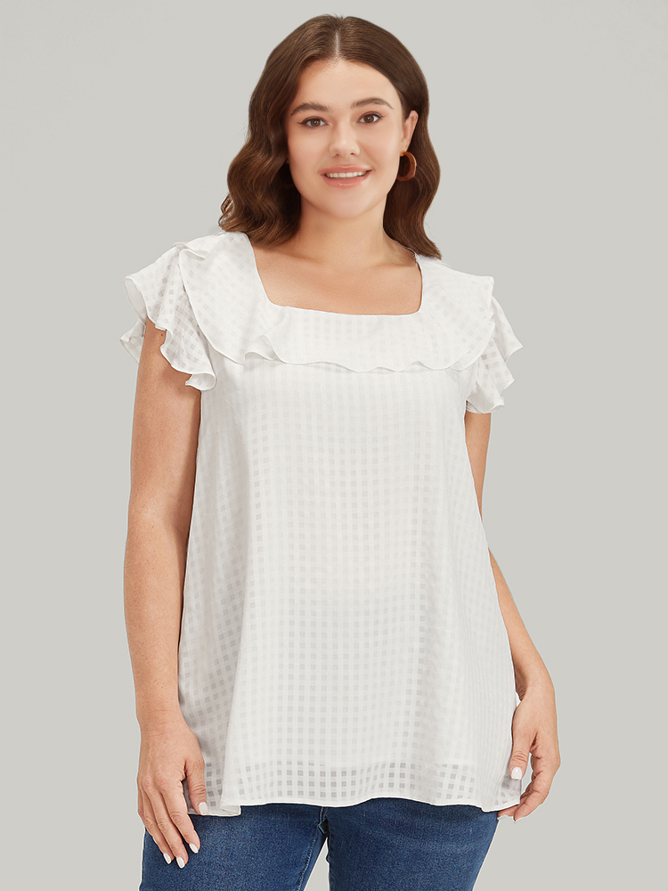 Plus Size Women Dailywear Gingham Texture Ruffle Sleeve Cap Sleeve Square Neck Elegant Blouses BloomChic 