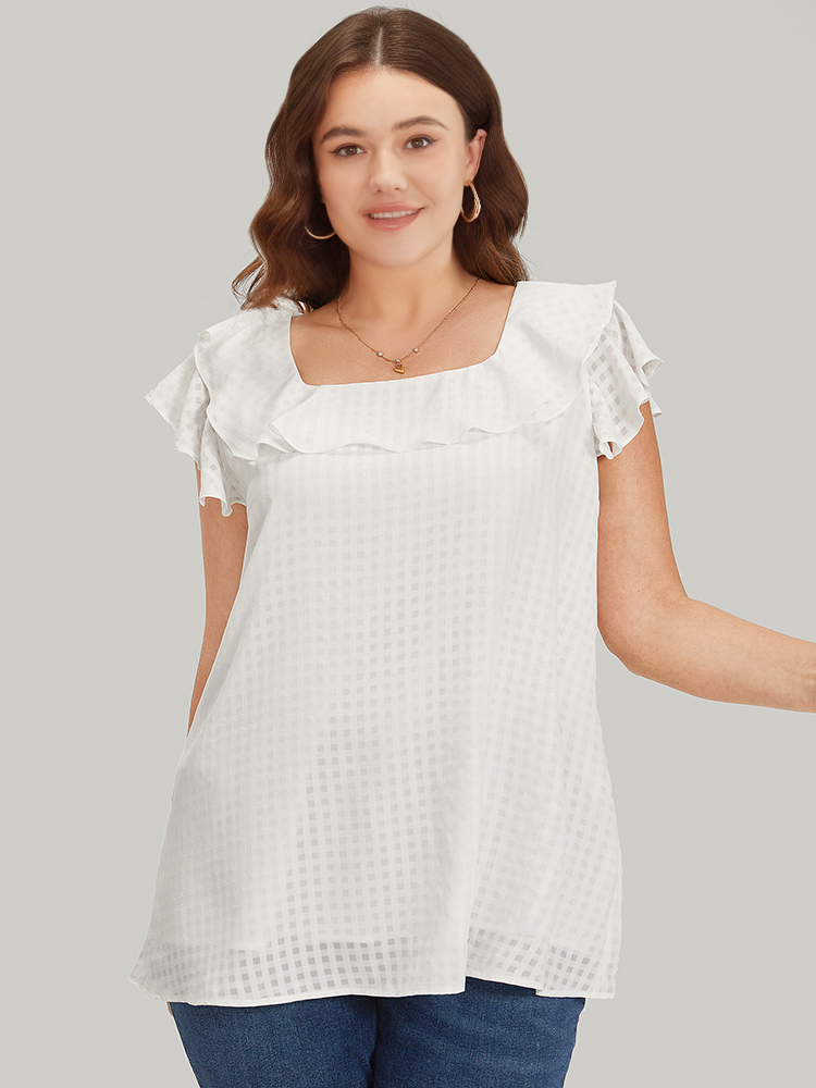 Plus Size Women Dailywear Gingham Texture Ruffle Sleeve Cap Sleeve Square Neck Elegant Blouses BloomChic 