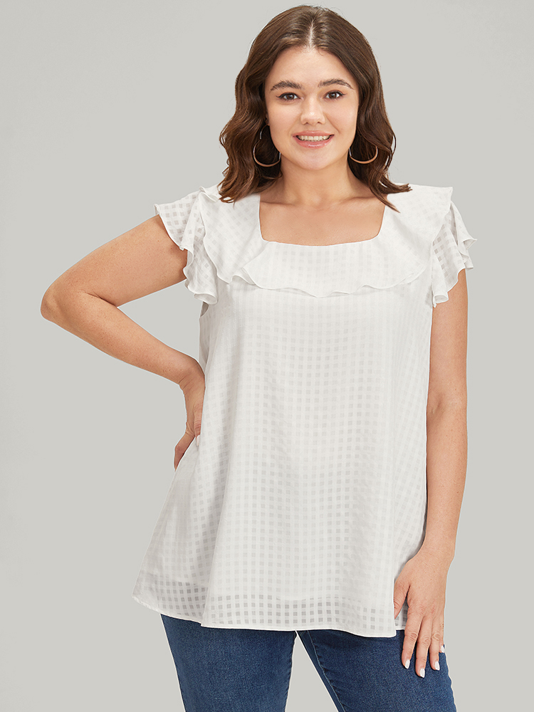 Plus Size Women Dailywear Gingham Texture Ruffle Sleeve Cap Sleeve Square Neck Elegant Blouses BloomChic 