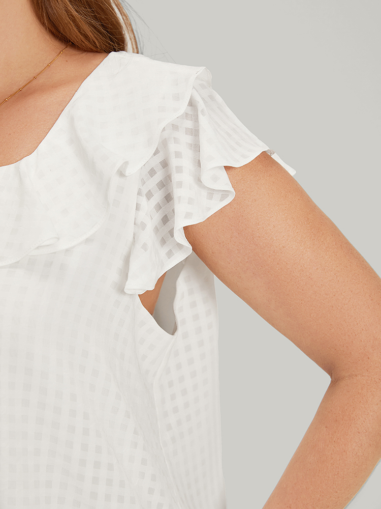 Plus Size Women Dailywear Gingham Texture Ruffle Sleeve Cap Sleeve Square Neck Elegant Blouses BloomChic 