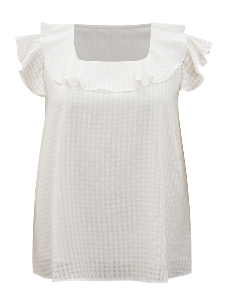 Plus Size Women Dailywear Gingham Texture Ruffle Sleeve Cap Sleeve Square Neck Elegant Blouses BloomChic 