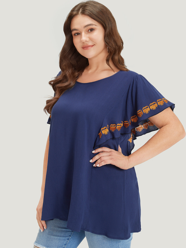 

Plus Size Indigo Contrast Embroidered Ruffle Trim Crew Neck Blouse Women Elegant Short sleeve Round Neck Dailywear Blouses BloomChic