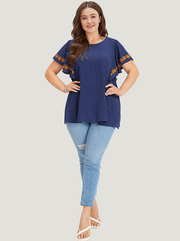 Plus Size Indigo Contrast Embroidered Ruffle Trim Crew Neck Blouse Women Elegant Short sleeve Round Neck Dailywear Blouses BloomChic 30/6X 