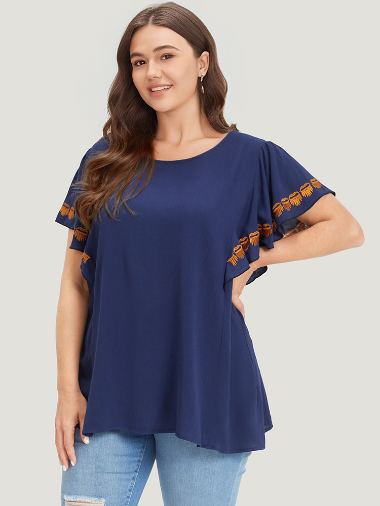 Plus Size Indigo Contrast Embroidered Ruffle Trim Crew Neck Blouse Women Elegant Short sleeve Round Neck Dailywear Blouses BloomChic 30/6X 