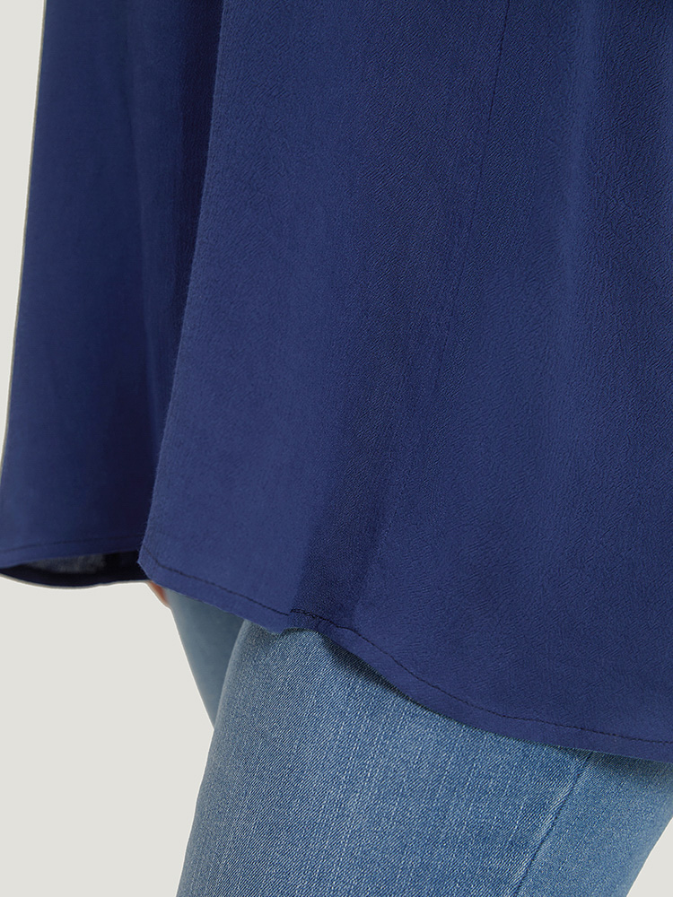Plus Size Indigo Contrast Embroidered Ruffle Trim Crew Neck Blouse Women Elegant Short sleeve Round Neck Dailywear Blouses BloomChic 30/6X 
