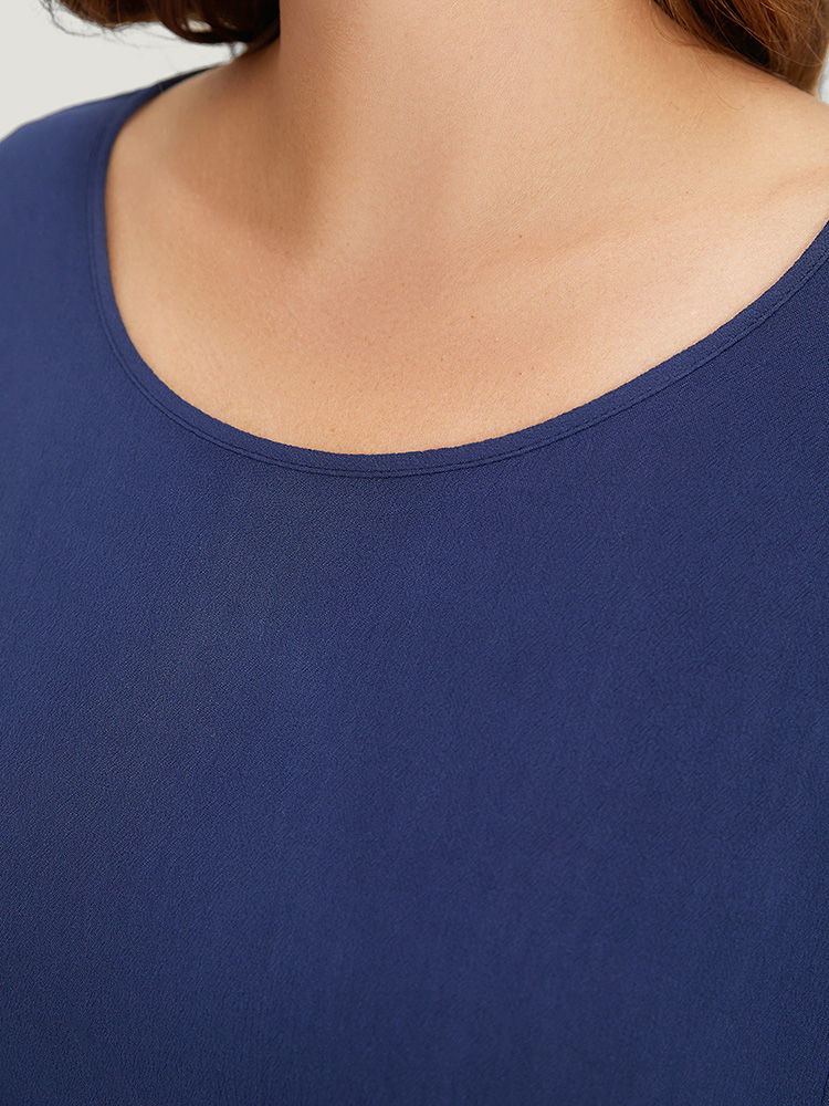 Plus Size Indigo Contrast Embroidered Ruffle Trim Crew Neck Blouse Women Elegant Short sleeve Round Neck Dailywear Blouses BloomChic 30/6X 