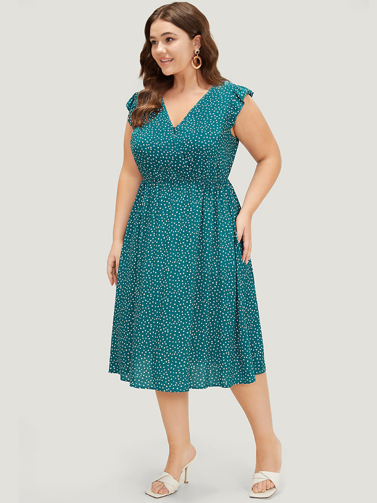 Plus Size Leopard Wrap Ruffle Trim Pocket Cap Sleeve Dress Cyan Women Elegant Wrap V-neck Cap Sleeve Curvy Midi Dress BloomChic 10/M 