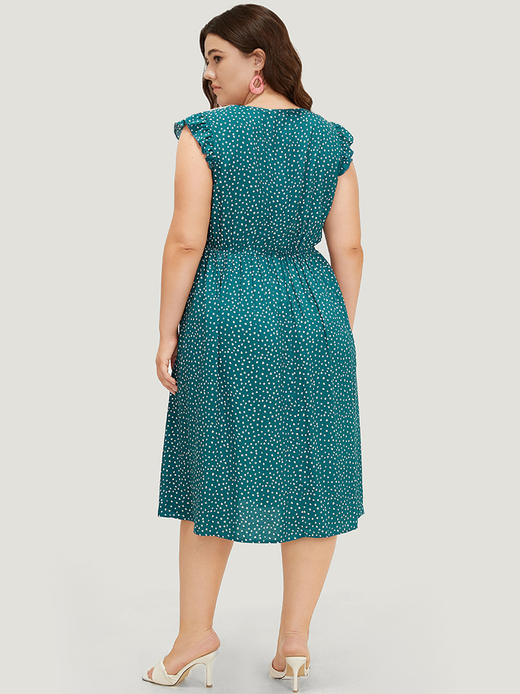 Plus Size Leopard Wrap Ruffle Trim Pocket Cap Sleeve Dress Cyan Women Elegant Wrap V-neck Cap Sleeve Curvy Midi Dress BloomChic 10/M 