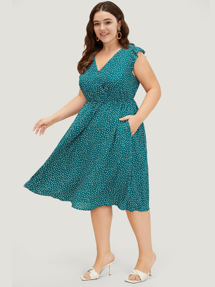 

Plus Size Leopard Wrap Ruffle Trim Pocket Cap Sleeve Dress Cyan Women Elegant Wrap V-neck Cap Sleeve Curvy Midi Dress BloomChic