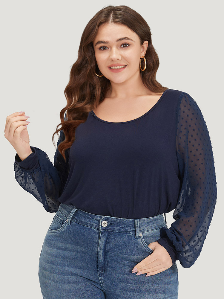 

Plus Size Plain Mesh Patchwork Lantern Sleeve Crew Neck Bodysuit Women Blue Plain Elastic cuffs Bodysuits BloomChic