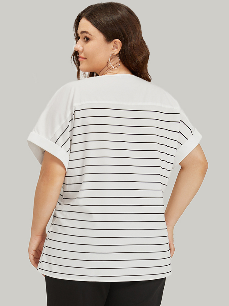 Plus Size White Striped Patchwork Roll Batwing Sleeve Blouse Women Office Short sleeve Round Neck Work Blouses BloomChic 22-24/3X 
