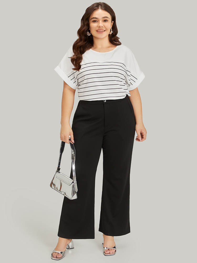 Plus Size White Striped Patchwork Roll Batwing Sleeve Blouse Women Office Short sleeve Round Neck Work Blouses BloomChic 22-24/3X 