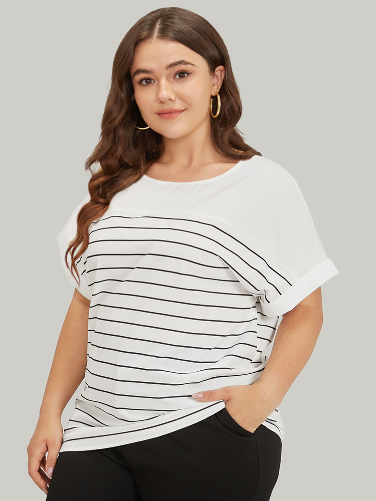 Plus Size White Striped Patchwork Roll Batwing Sleeve Blouse Women Office Short sleeve Round Neck Work Blouses BloomChic 22-24/3X 