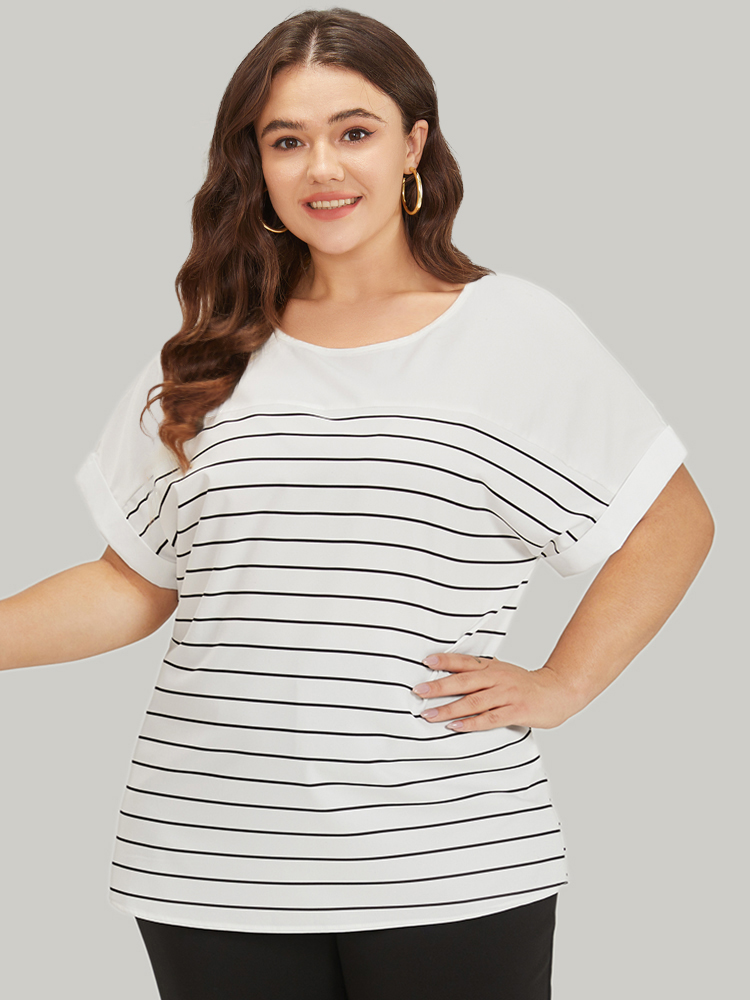 Plus Size White Striped Patchwork Roll Batwing Sleeve Blouse Women Office Short sleeve Round Neck Work Blouses BloomChic 22-24/3X 