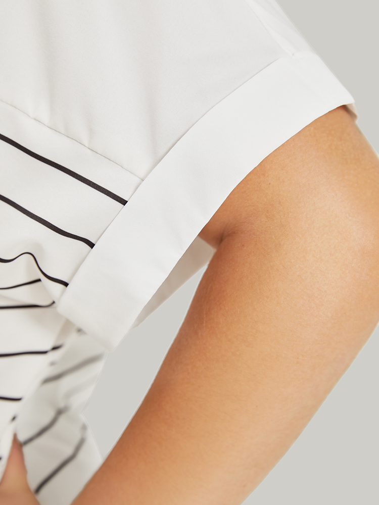 Plus Size White Striped Patchwork Roll Batwing Sleeve Blouse Women Office Short sleeve Round Neck Work Blouses BloomChic 22-24/3X 