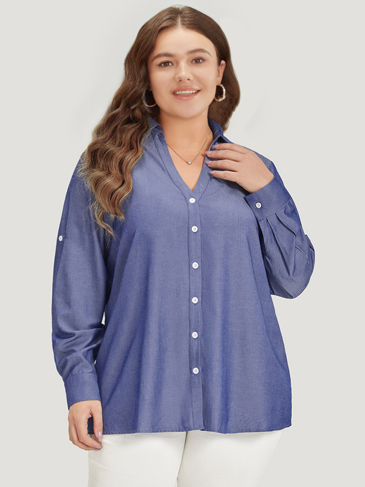 Plus Size Women Work Plain Plain Regular Sleeve Long Sleeve Shirt collar Office Blouses BloomChic 