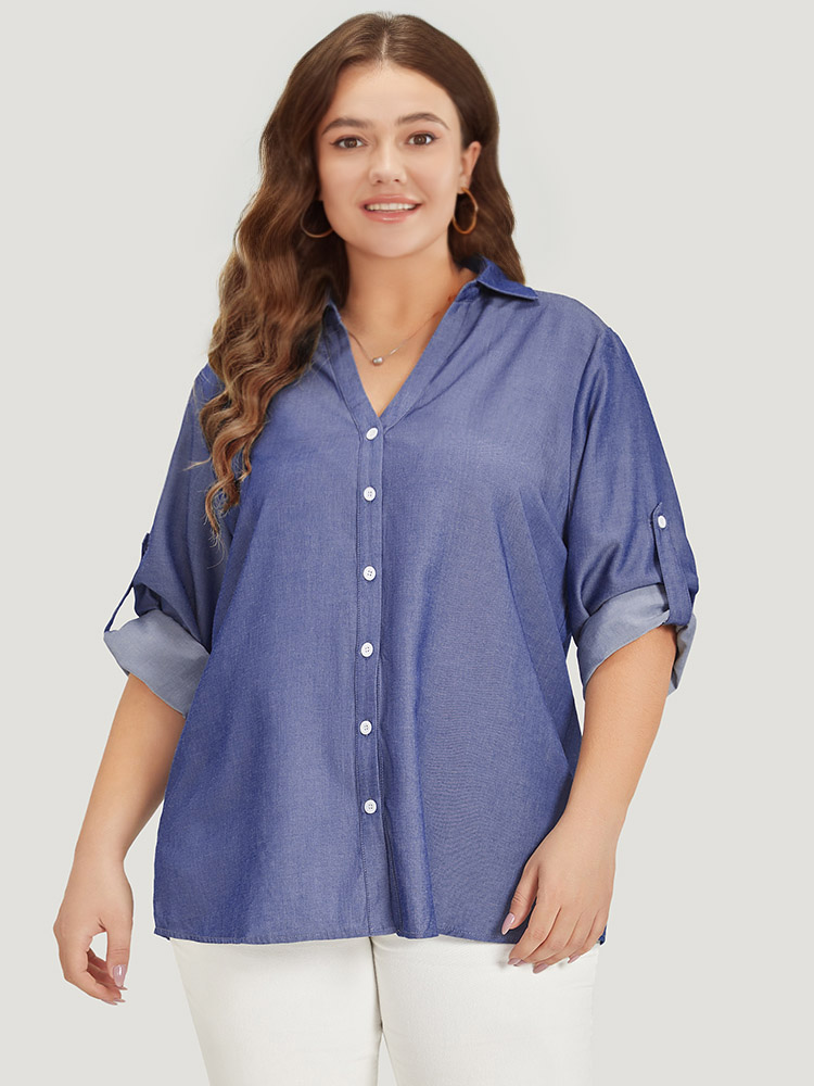 Plus Size Women Work Plain Plain Regular Sleeve Long Sleeve Shirt collar Office Blouses BloomChic 
