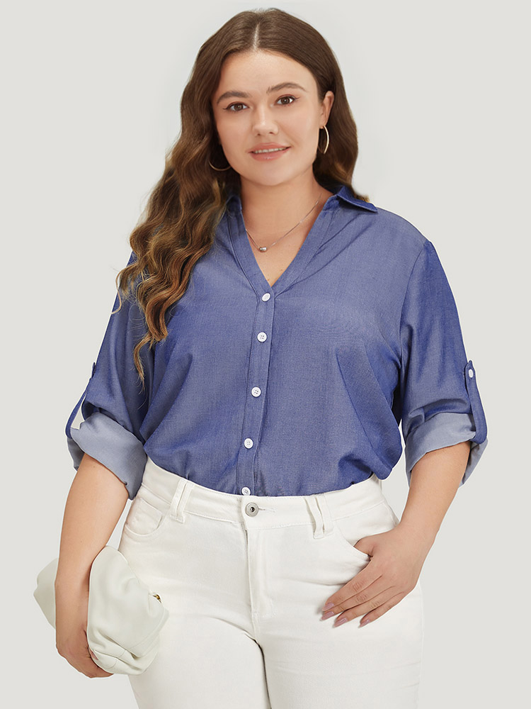 Plus Size Women Work Plain Plain Regular Sleeve Long Sleeve Shirt collar Office Blouses BloomChic 