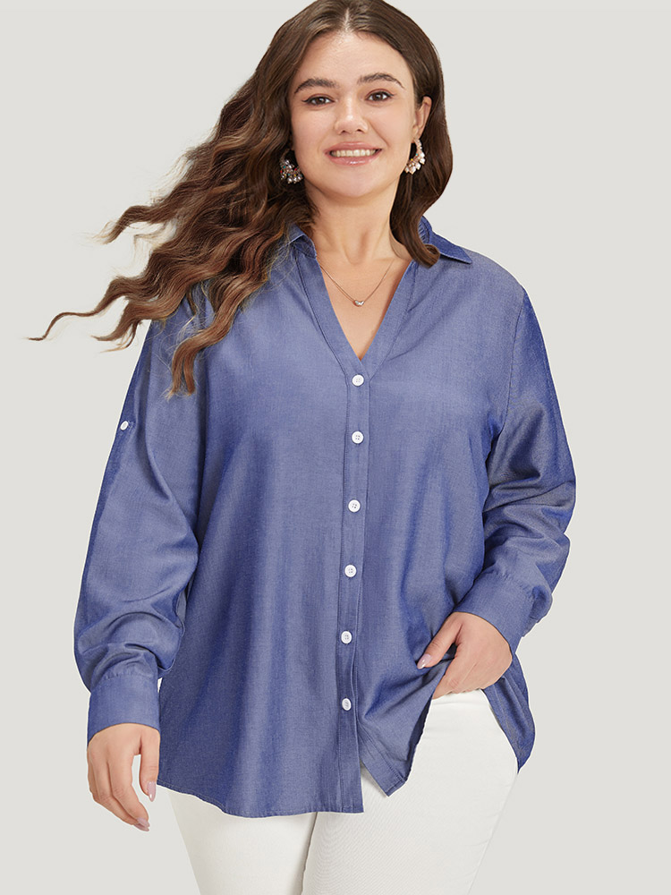 Plus Size Women Work Plain Plain Regular Sleeve Long Sleeve Shirt collar Office Blouses BloomChic 