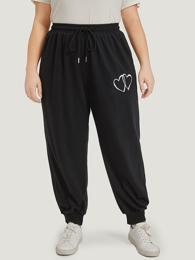 

Plain Heart Embroidered Drawstring Pocket Sweatpants Black Plus Size Women Casual Dailywear Plain  Bloomchic