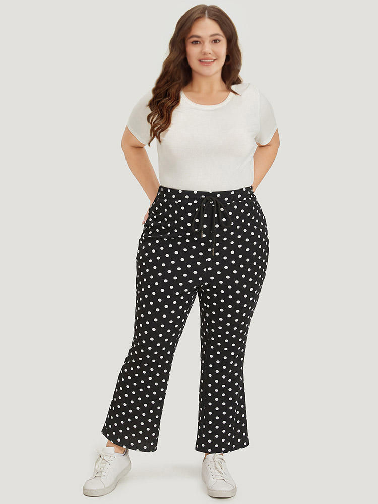 

Polka Dot Print Pocket Ties Bootcut Sweatpants Black Plus Size Women Casual Everyday Drawstring  Bloomchic