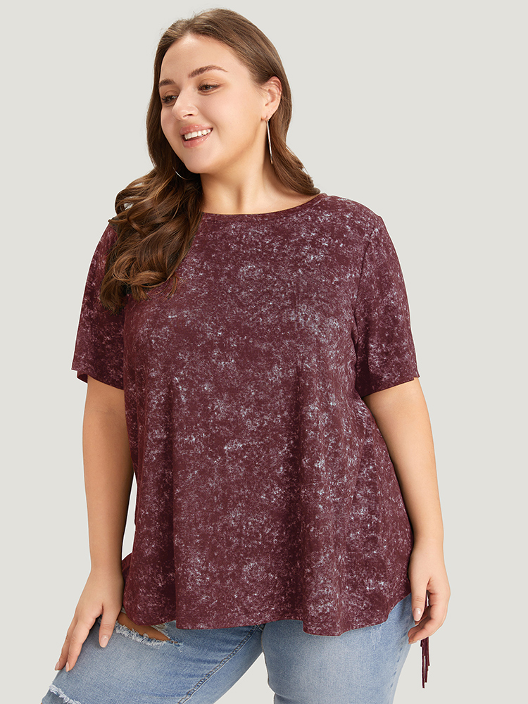 Plus Size Plain Fringe Hem Vintage T-shirt Burgundy Women Casual Tassels Plain Round Neck Dailywear T-shirts BloomChic 26/4X 