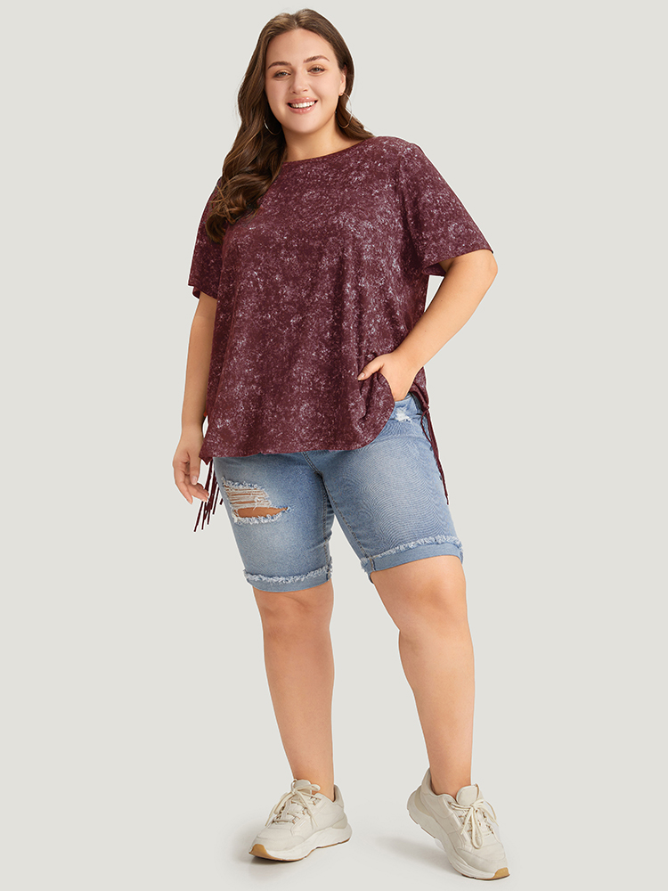 Plus Size Plain Fringe Hem Vintage T-shirt Burgundy Women Casual Tassels Plain Round Neck Dailywear T-shirts BloomChic 26/4X 