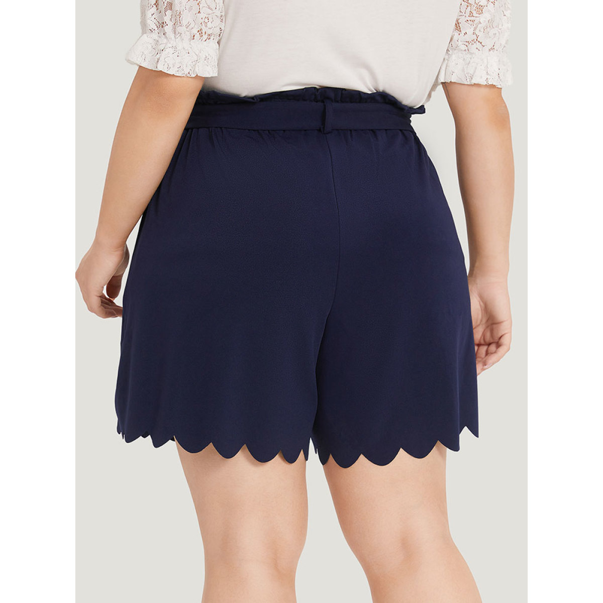 

Plus Size Plain Pocket Paperbag Waist Belted Scalloped Trim Shorts Women Indigo Elegant Plain Dailywear Shorts BloomChic