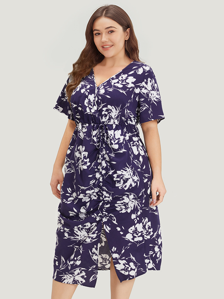 

Plus Size Silhouette Floral Print Wrap Drawstring Split Hem Dress DarkBlue Women Elegant Elastic Waist V-neck Short sleeve Curvy Midi Dress BloomChic