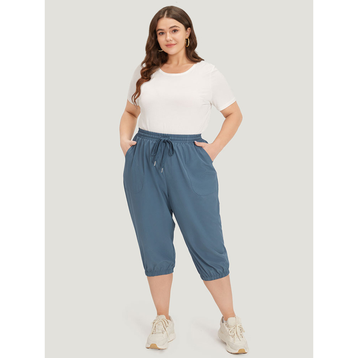 

Plus Size Solid Elastic Waist Drawstring Slant Pocket Cropped Pants Women Aegean Casual High Rise Dailywear Pants BloomChic
